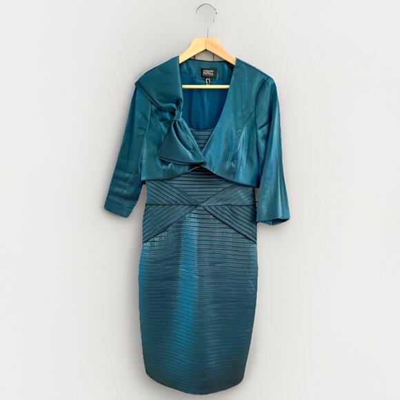 Adrianna Papell Occasions Mother Bride Lined 2 pc Set Teal Jacket & Dress Sz 8 - Picture 1 of 11